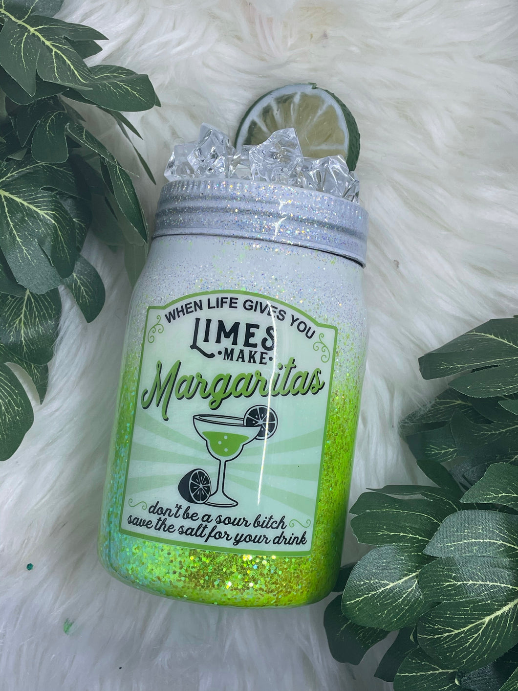 16 oz Mason Jar Tumbler with lime  ice topper